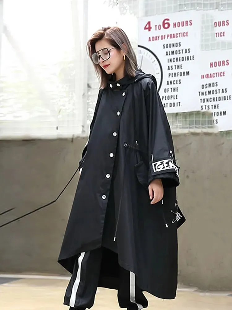 HEYFANCYSTYLE Trendy Black Hooded Trench Jacket