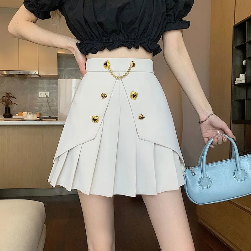 High Waist A-Line Front Button Pattern Pleated Mini Skirt