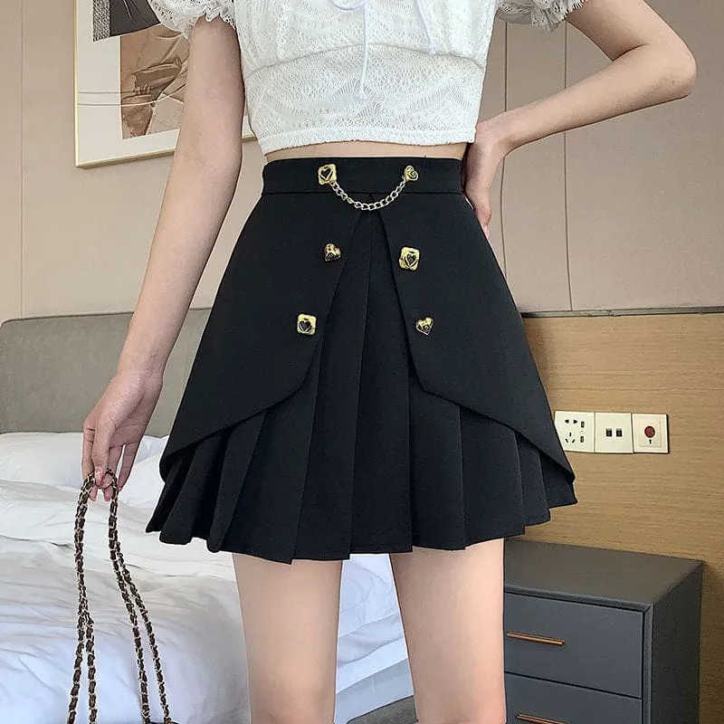 High Waist A-Line Front Button Pattern Pleated Mini Skirt