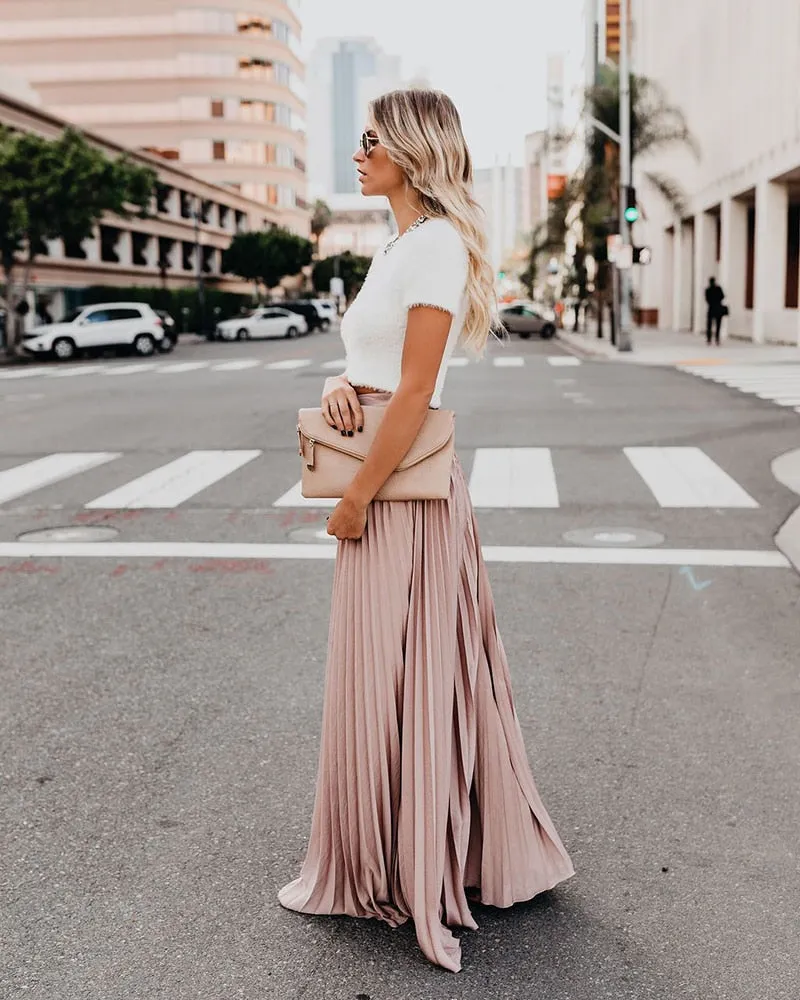 High Waist Pleated Chiffon Maxi Skirt