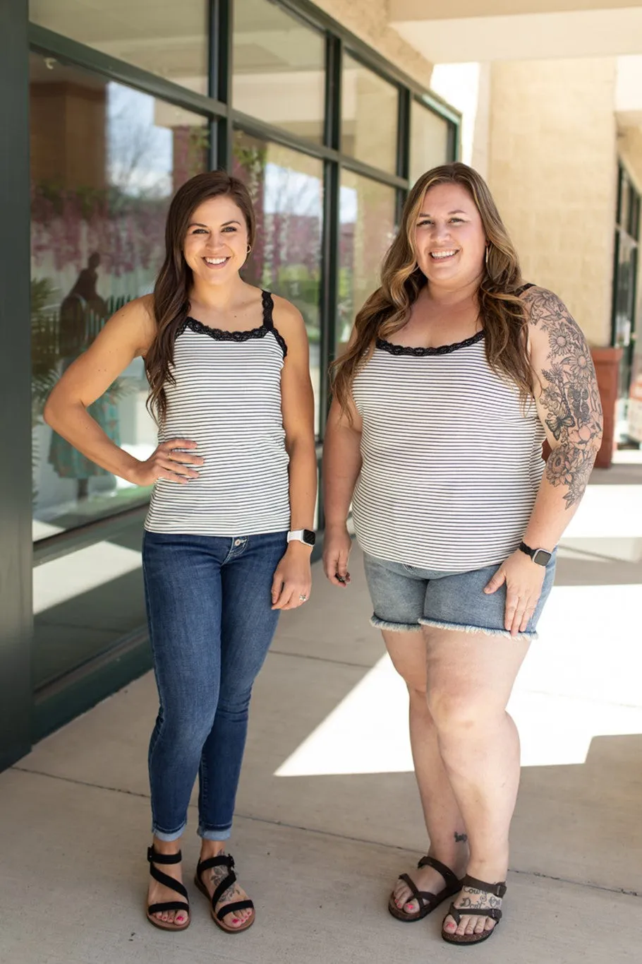 Ivory & Black Lace Trim Striped Tank (SM-3X)