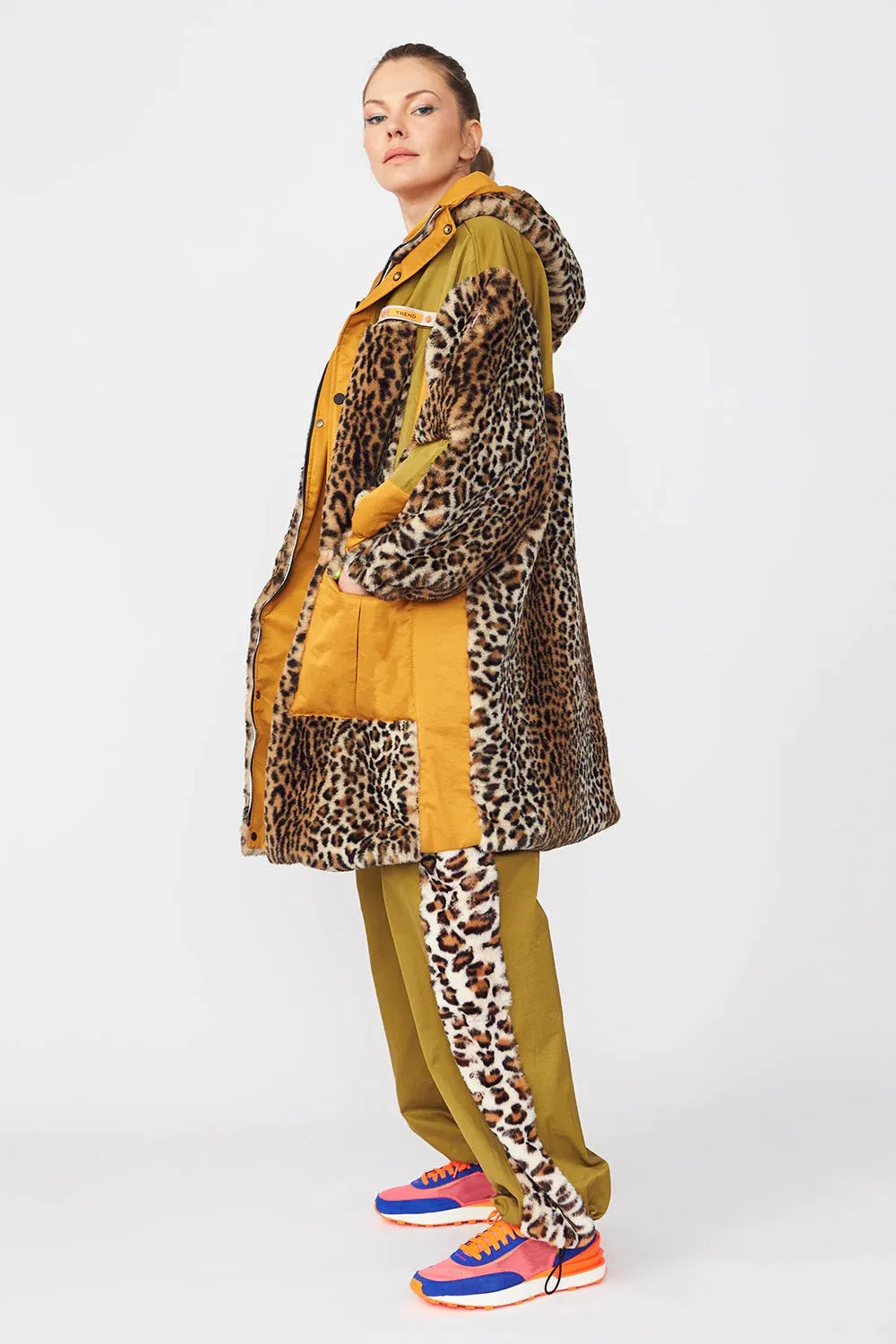 Leopard Print Mac Style Faux Fur Coat with Hood