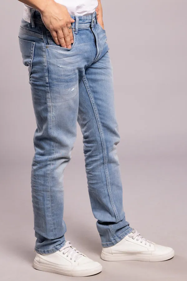 Lt Blue 5 Pocket Mid-Rise Slim Straight Fit Jeans