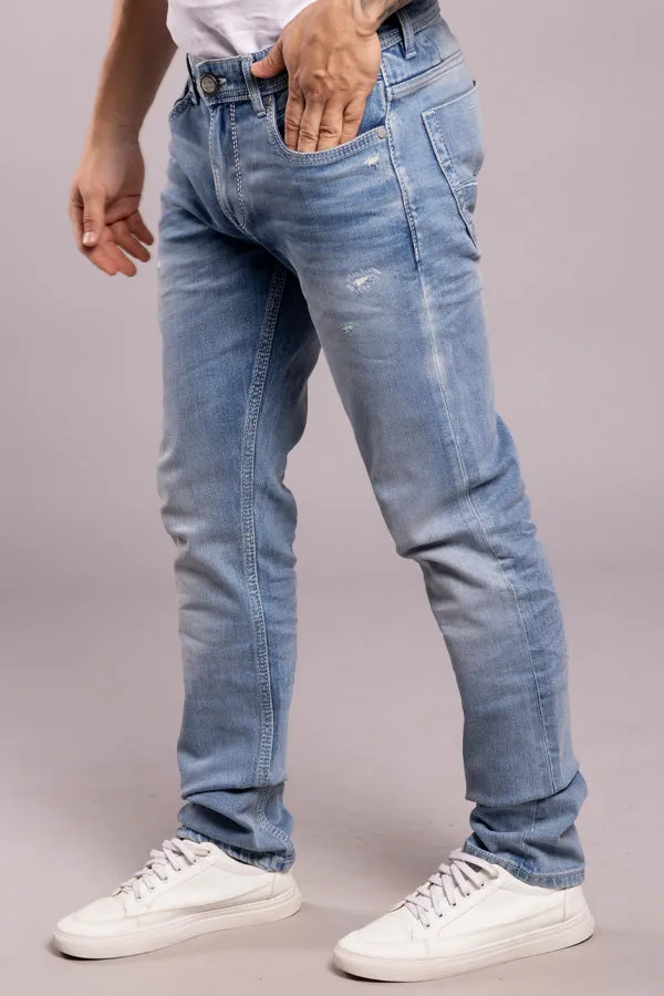 Lt Blue 5 Pocket Mid-Rise Slim Straight Fit Jeans