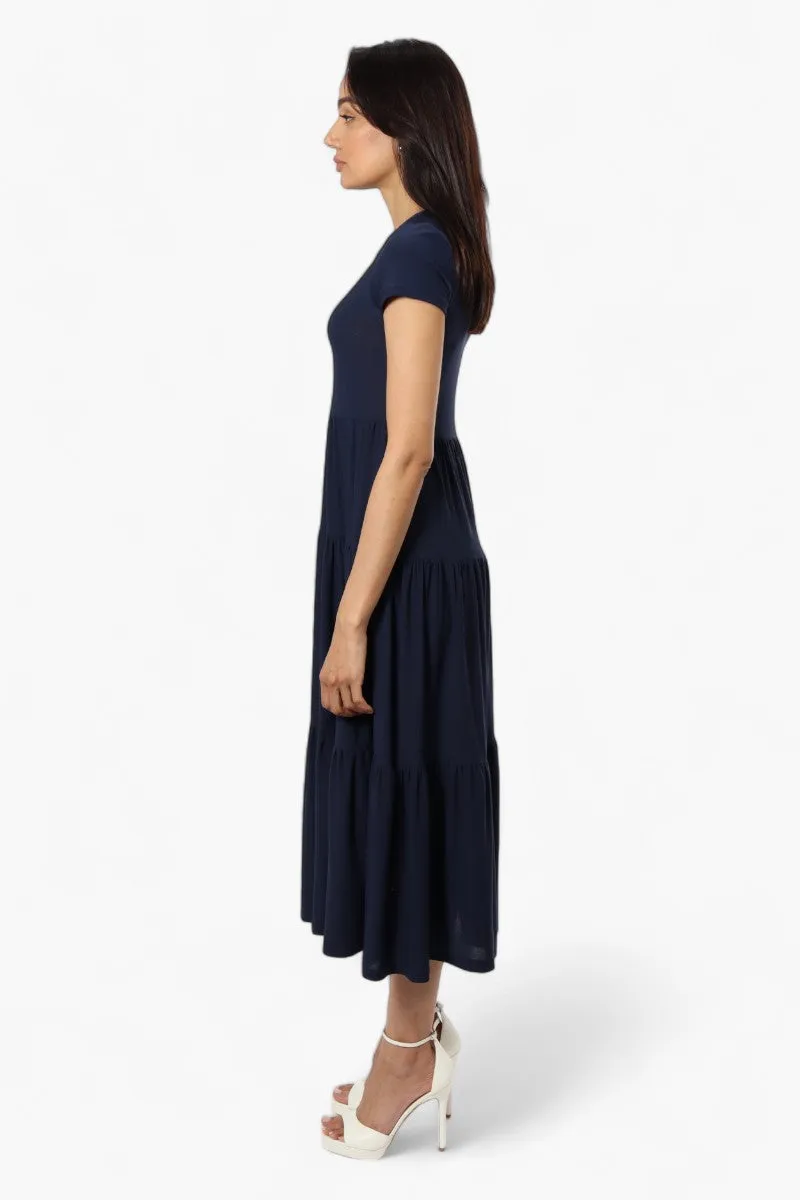 Majora Solid Cap Sleeve Tiered Maxi Dress - Navy