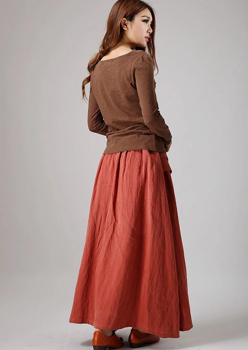 Maxi skirt Orange linen skirt women skirt (856)