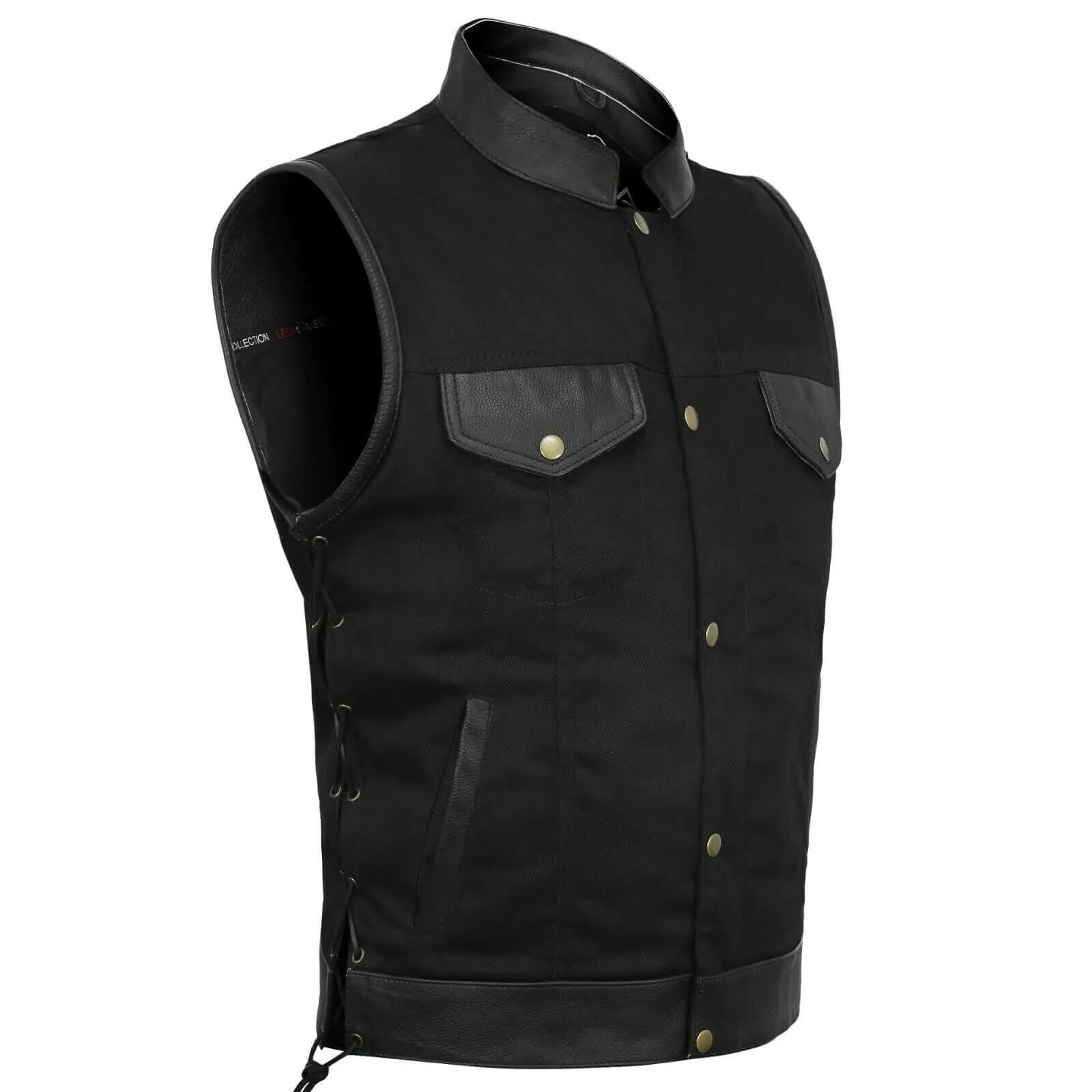 Mens Biker Style Denim Club Vest Side Lace Waistcoat With Real Leather Trim