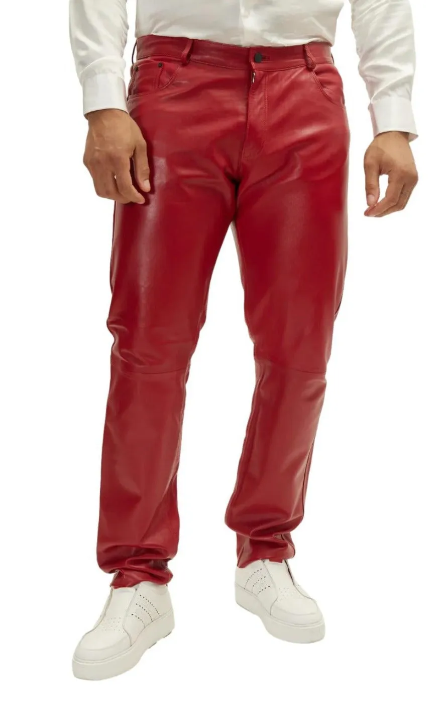 Mens Red Leather Jeans