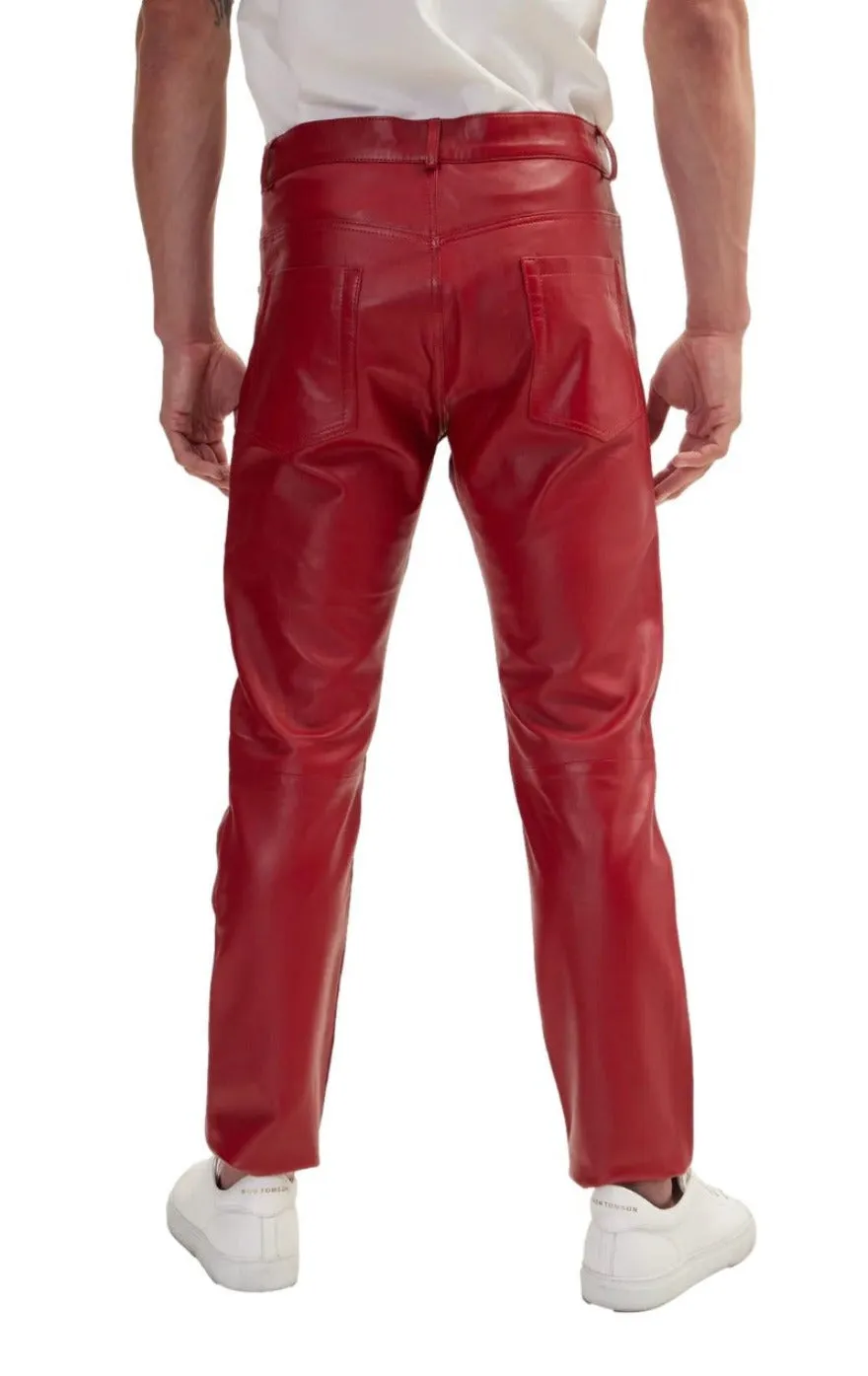 Mens Red Leather Jeans