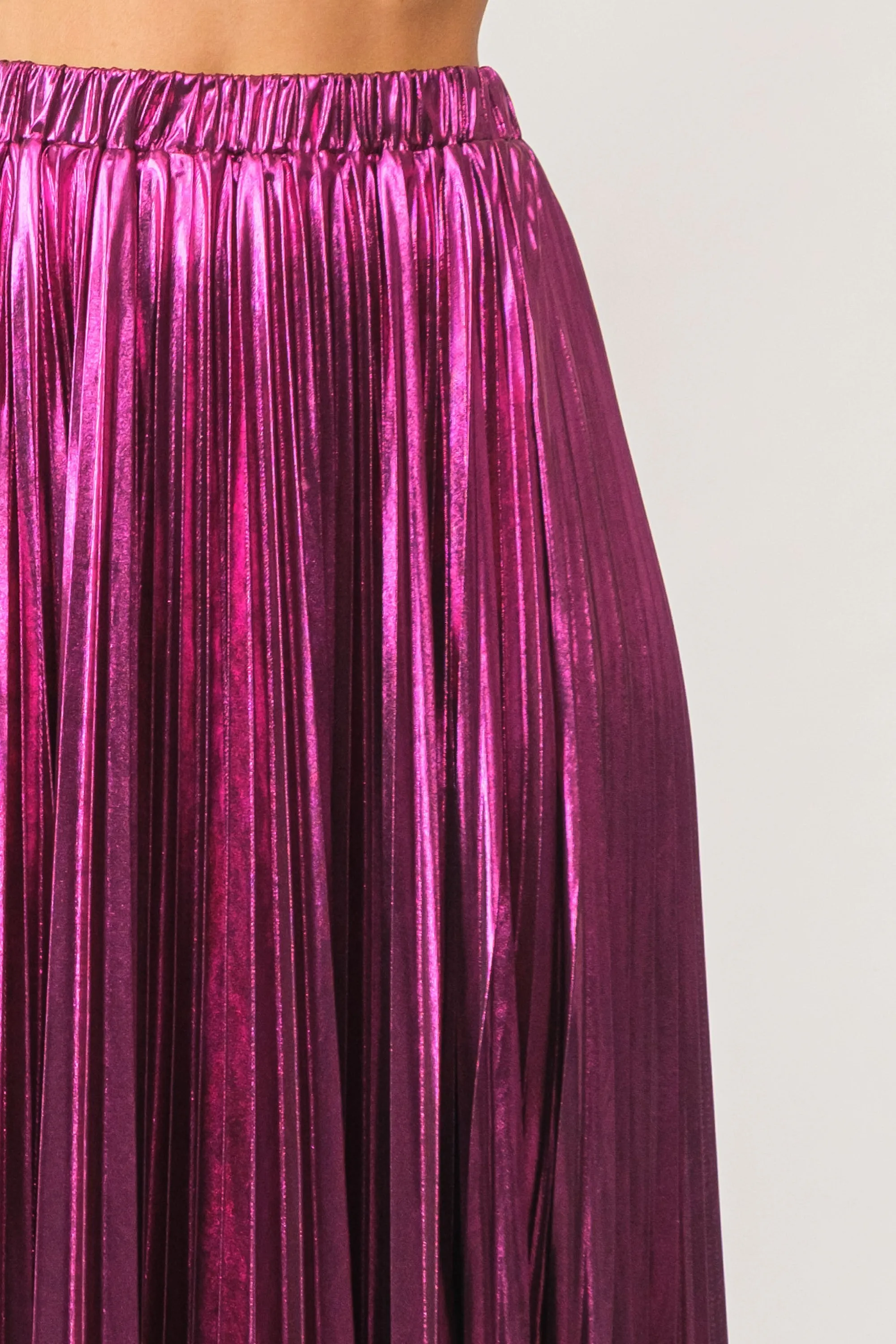 Metallic Pleated Maxi Skirt- Magenta