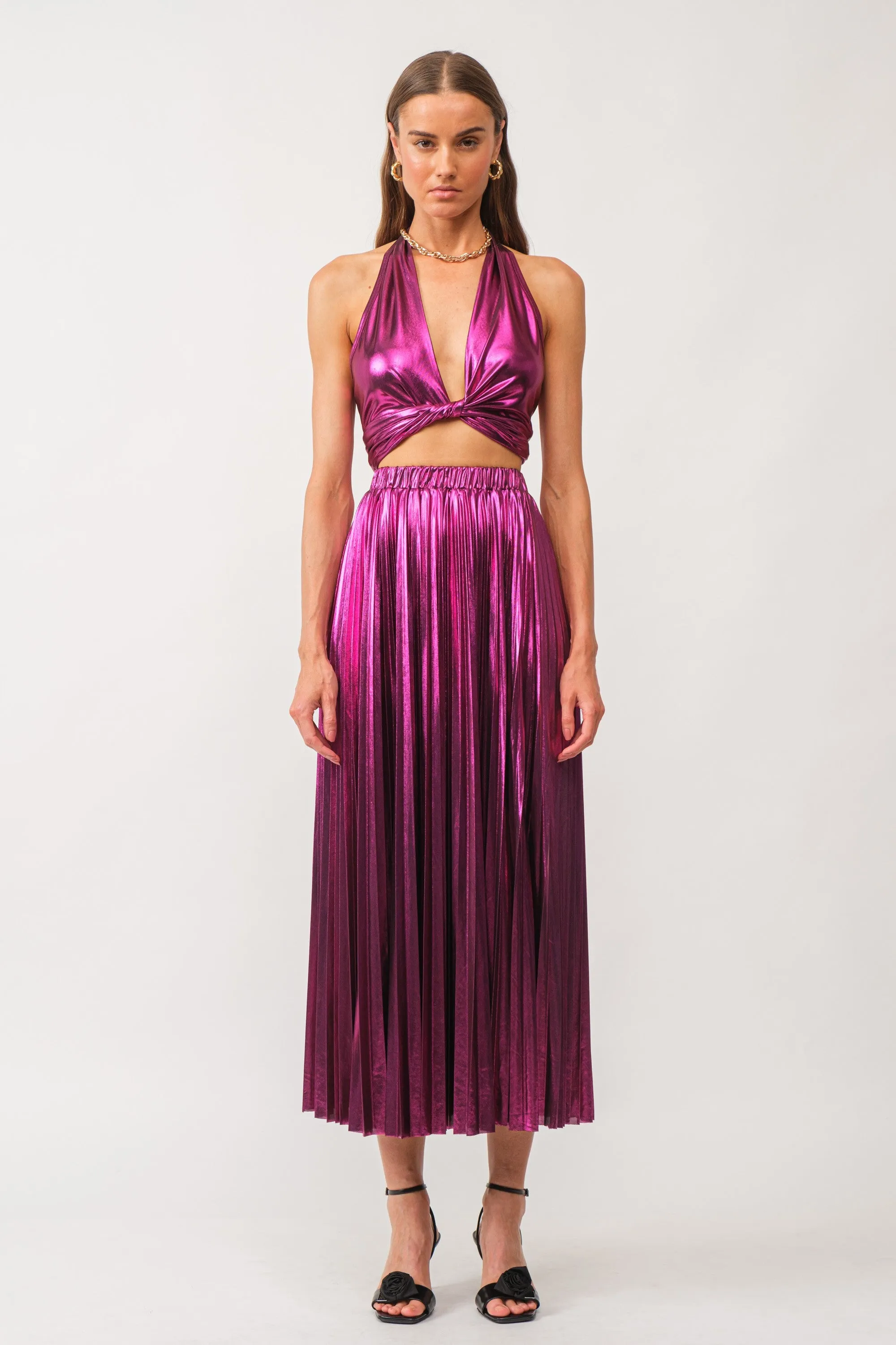 Metallic Pleated Maxi Skirt- Magenta