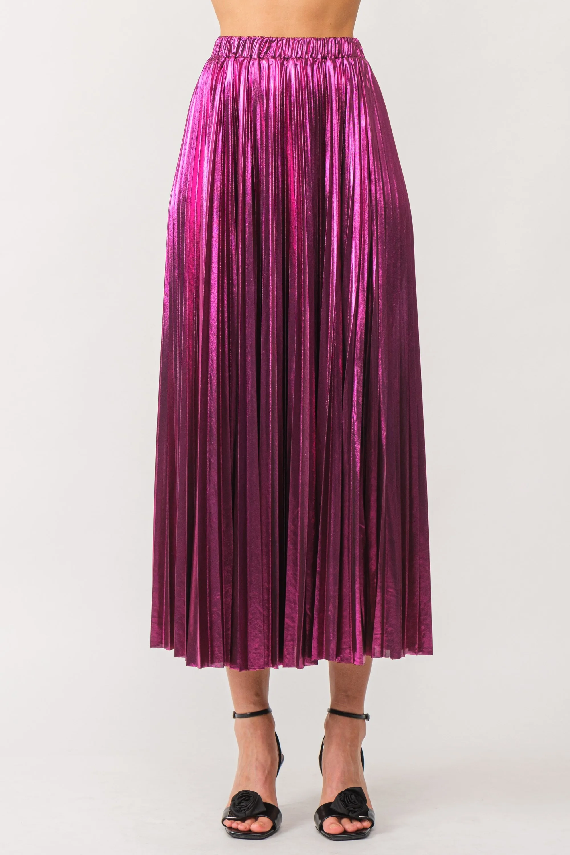 Metallic Pleated Maxi Skirt- Magenta