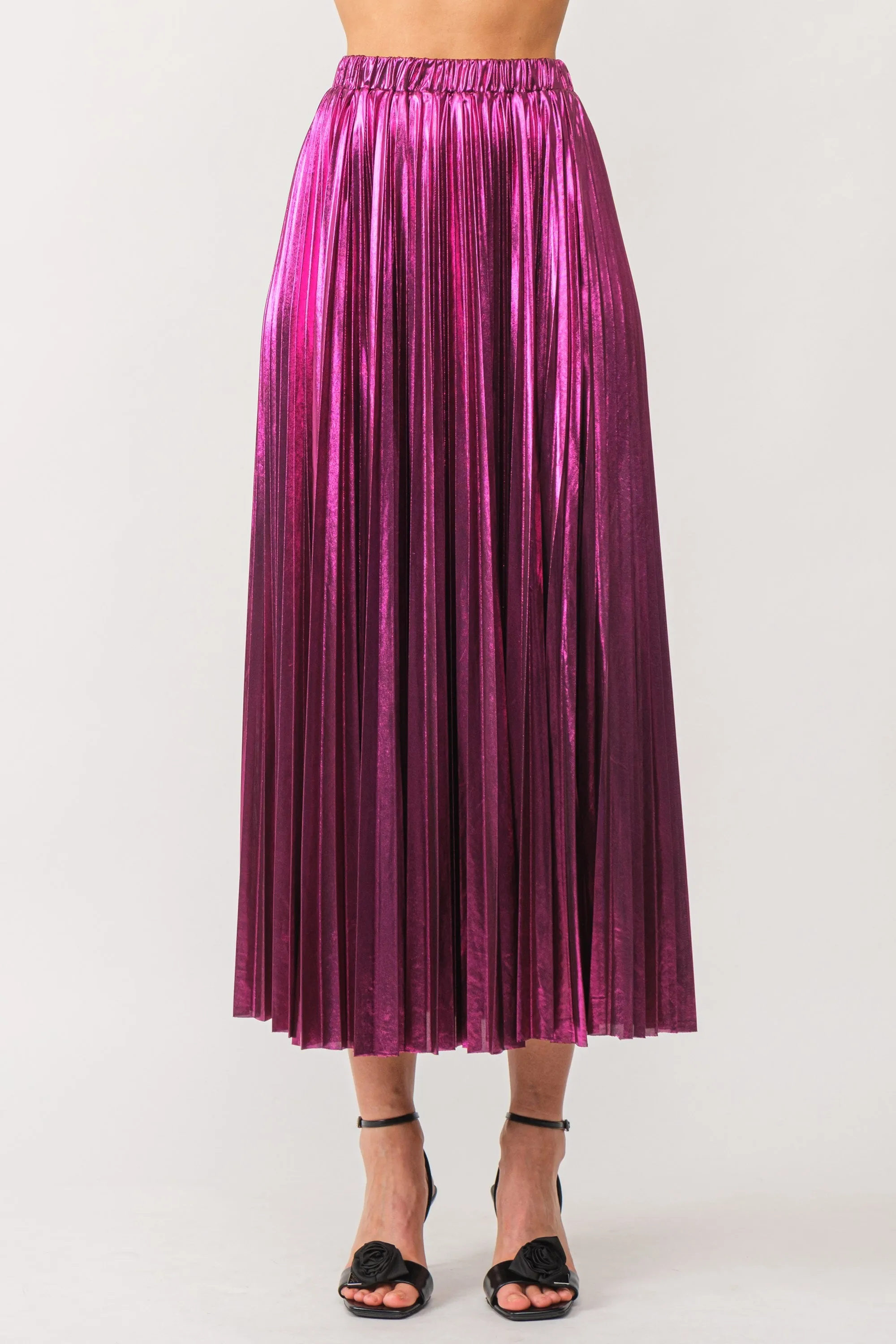 Metallic Pleated Maxi Skirt- Magenta