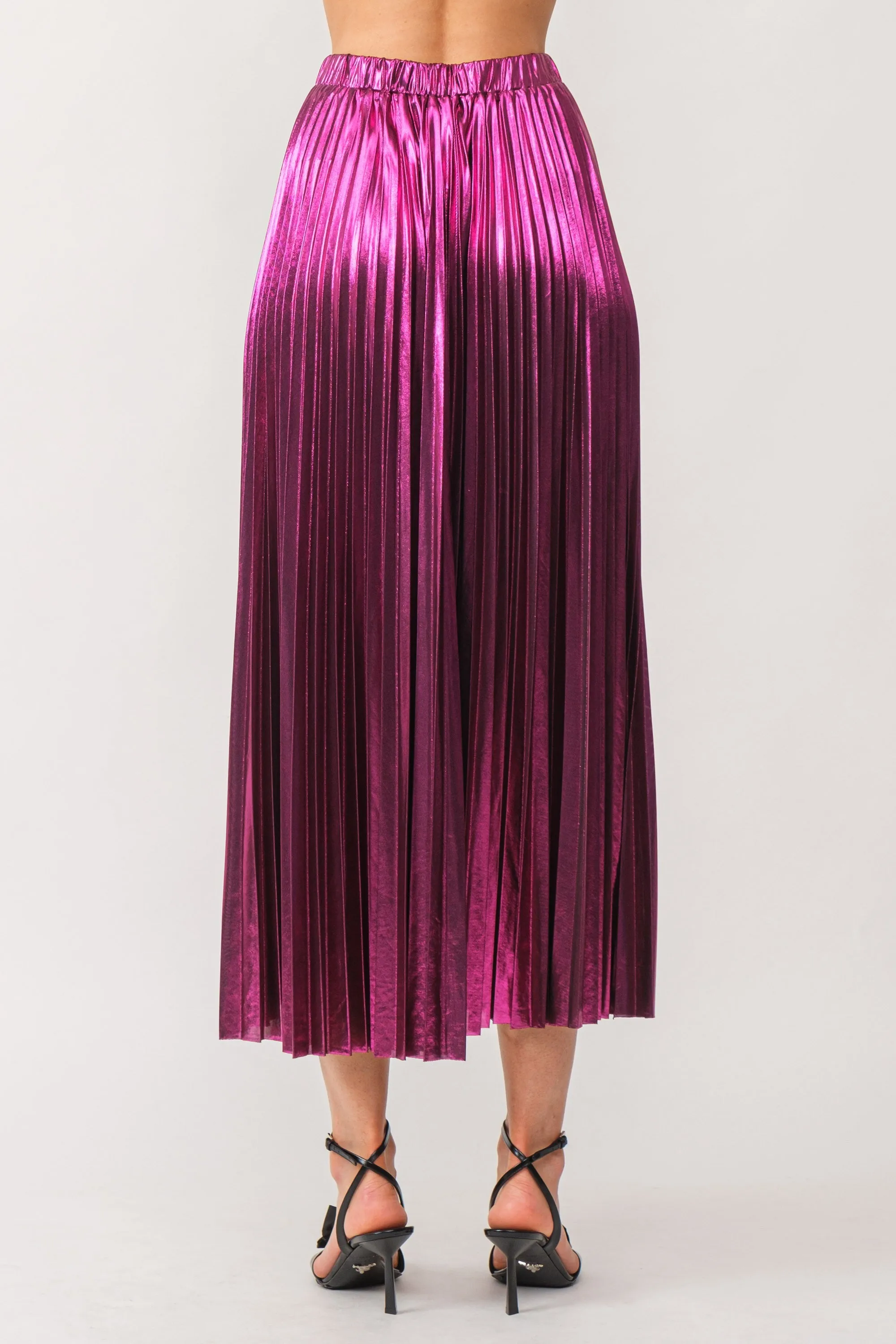 Metallic Pleated Maxi Skirt- Magenta