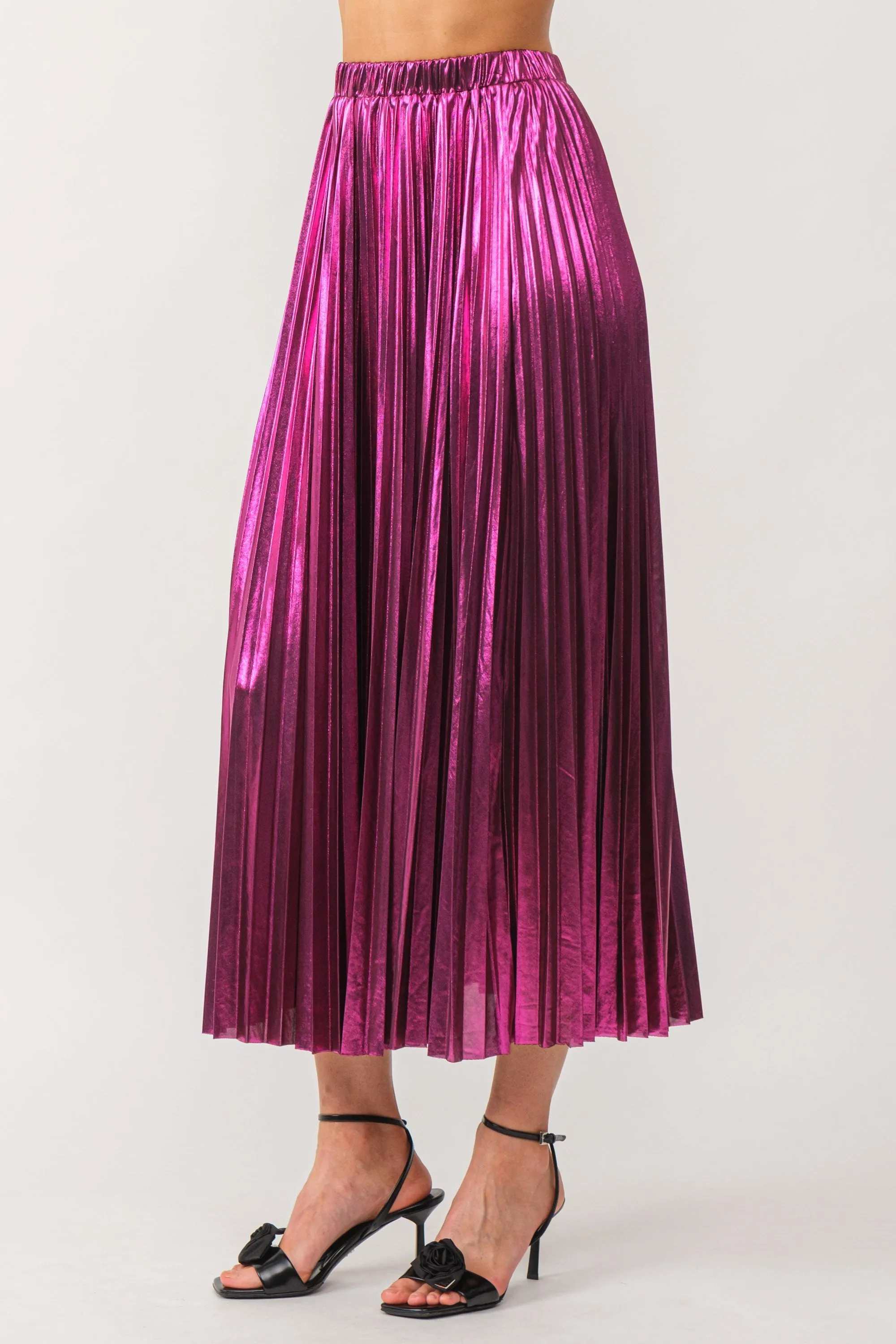 Metallic Pleated Maxi Skirt- Magenta