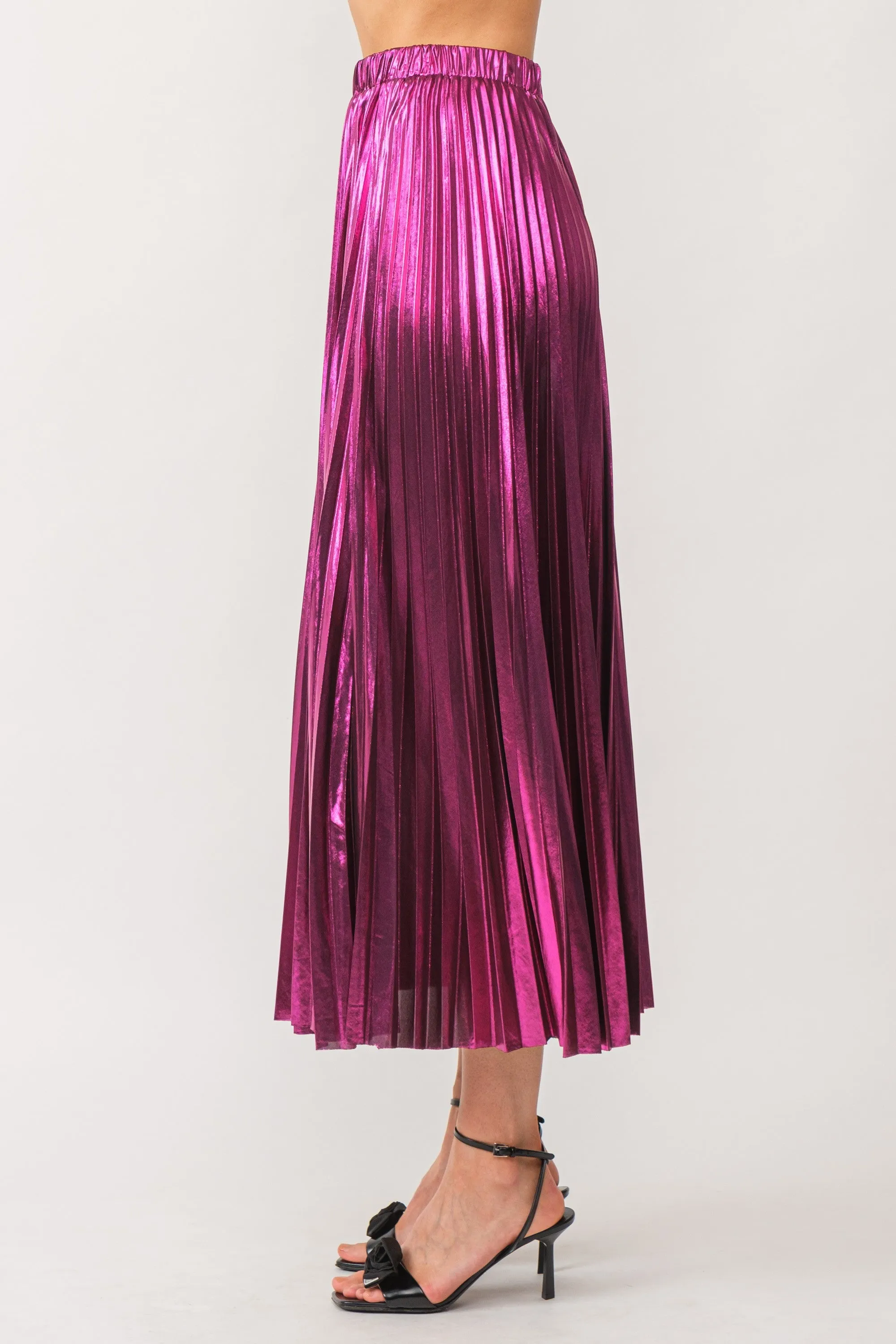 Metallic Pleated Maxi Skirt- Magenta