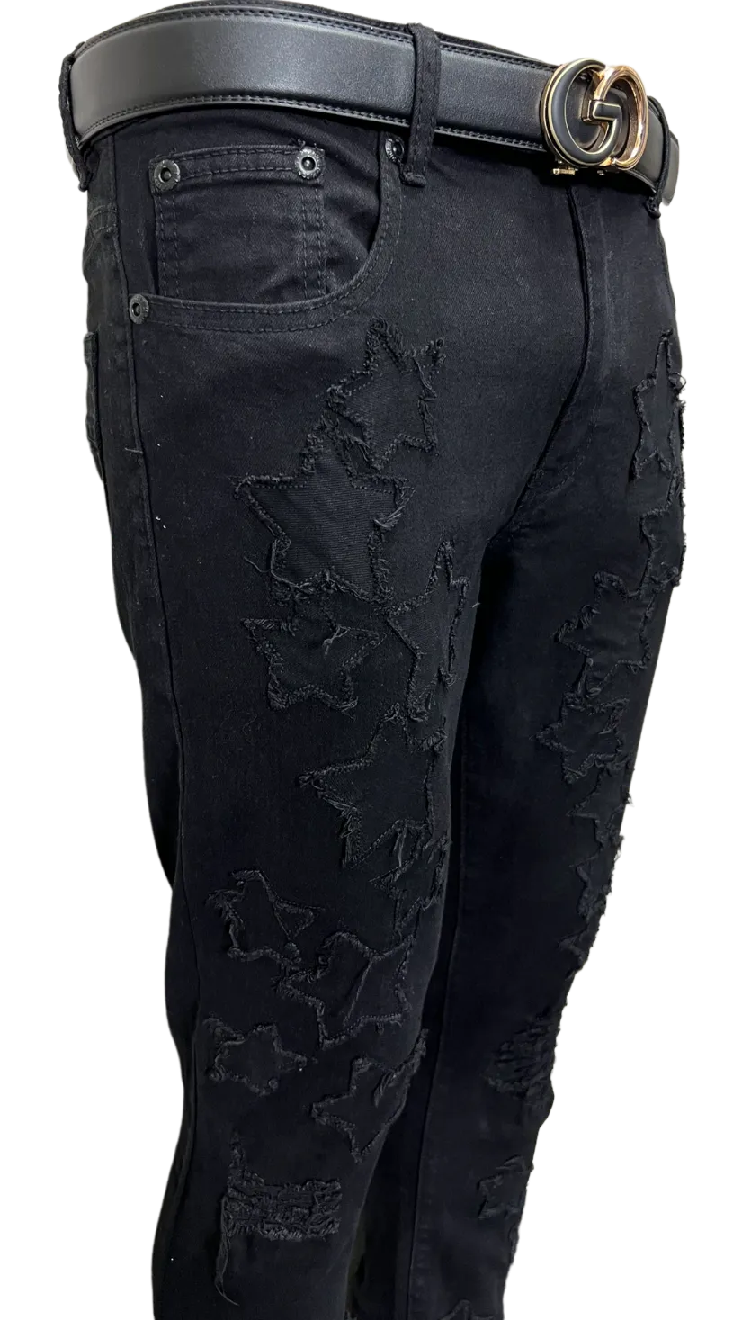 M.Society Black Men's Jeans with Stars Fashion Design Skinny-Fit Stretch Fabric