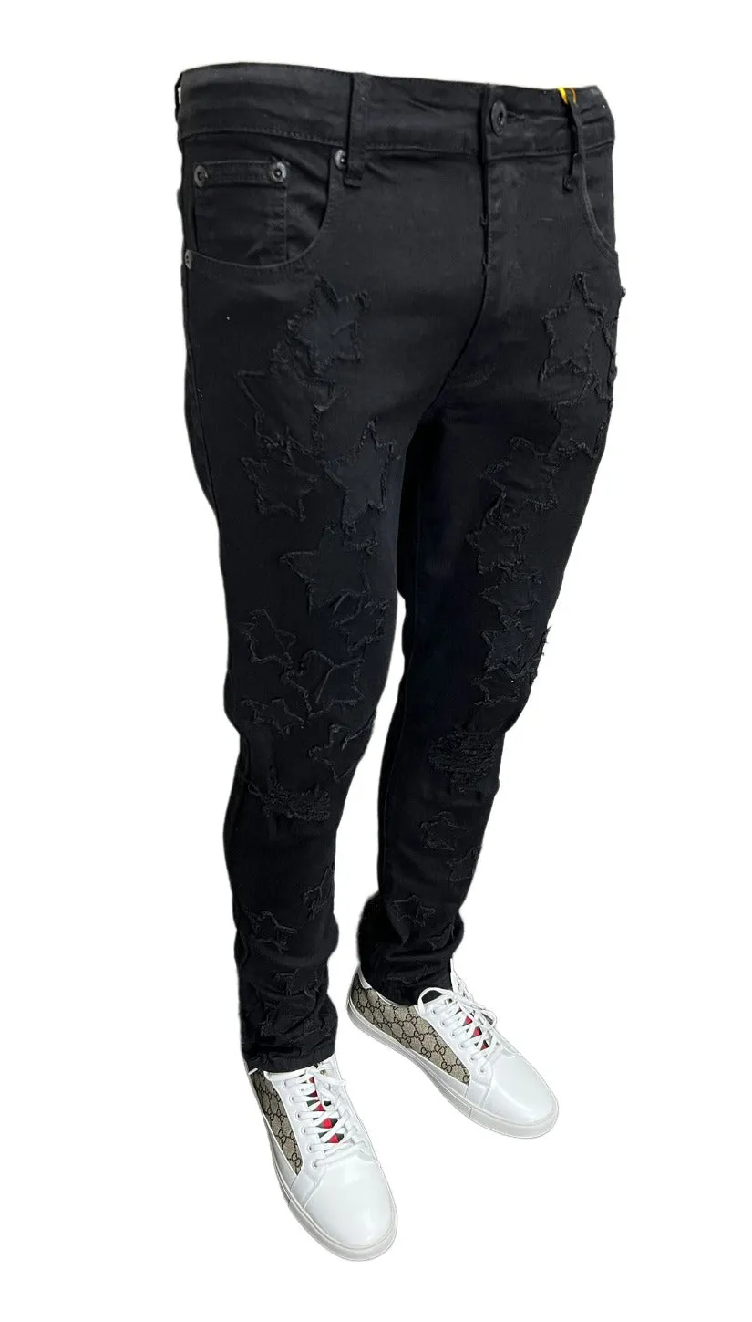 M.Society Black Men's Jeans with Stars Fashion Design Skinny-Fit Stretch Fabric