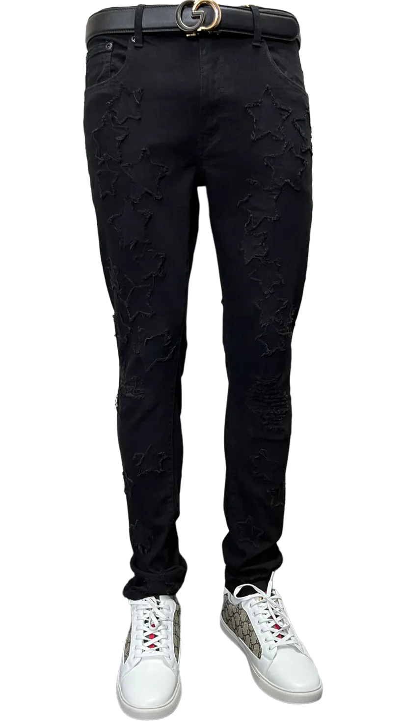 M.Society Black Men's Jeans with Stars Fashion Design Skinny-Fit Stretch Fabric