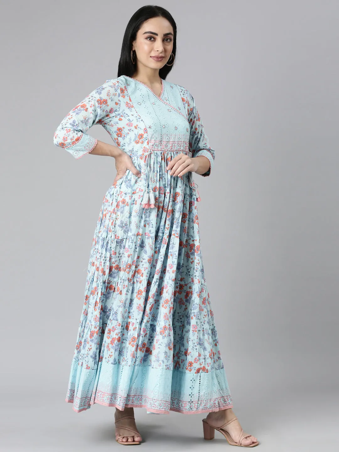 Neerus Blue Curved Casual Floral Maxi Dresses