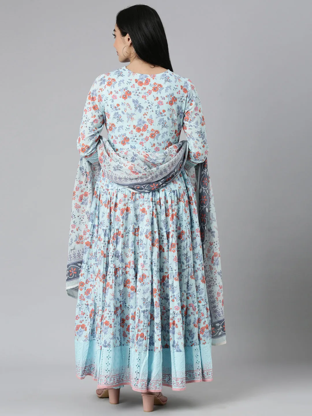 Neerus Blue Curved Casual Floral Maxi Dresses