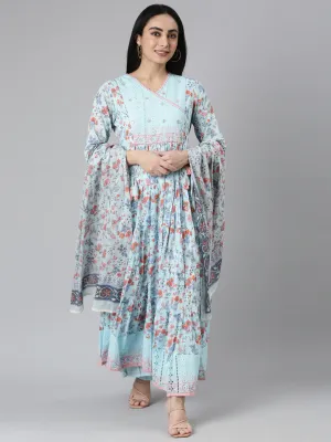 Neerus Blue Curved Casual Floral Maxi Dresses