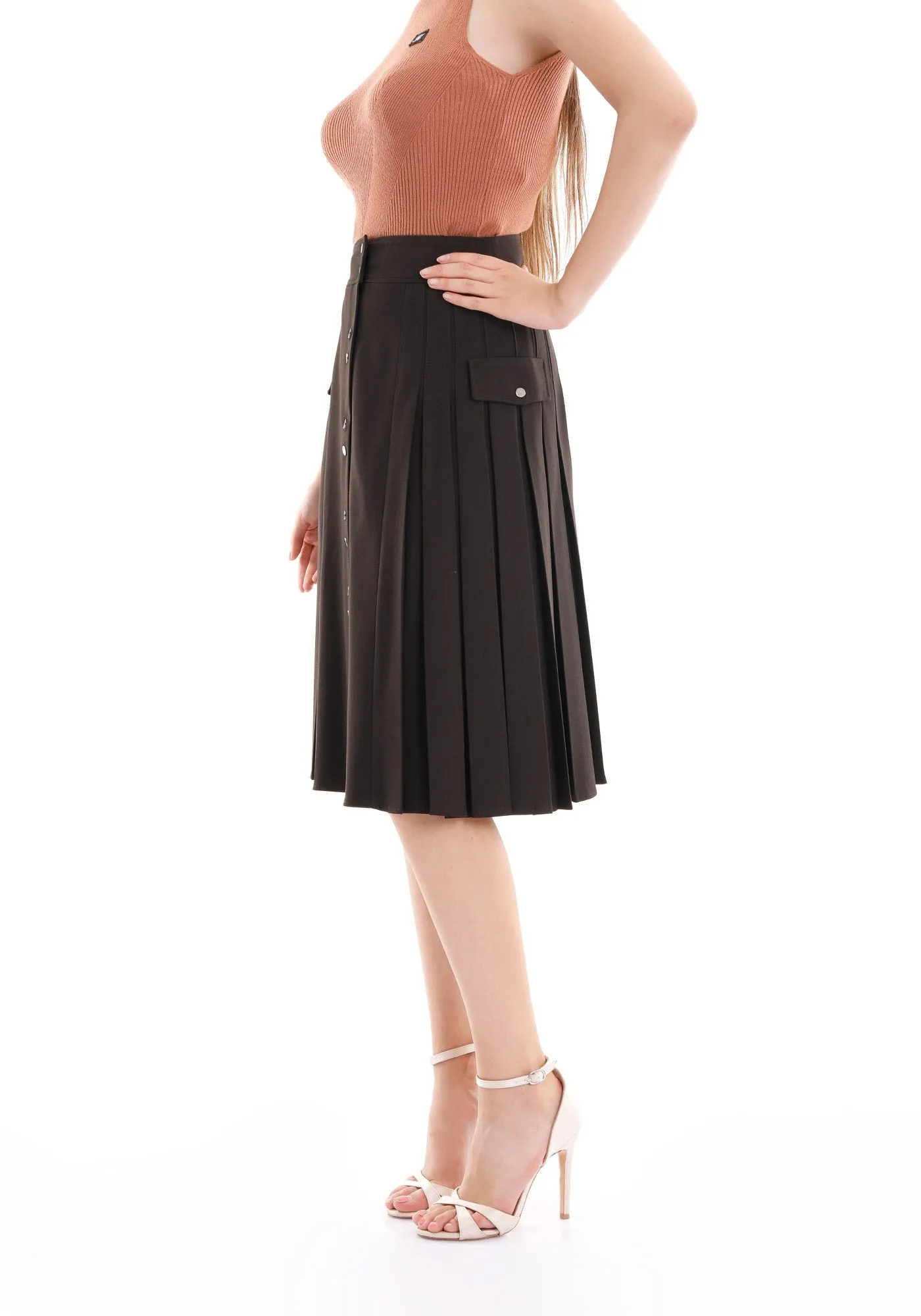 Pleated Button-Front Brown Midi Skirt