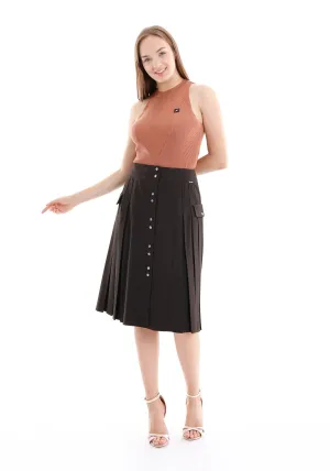 Pleated Button-Front Brown Midi Skirt