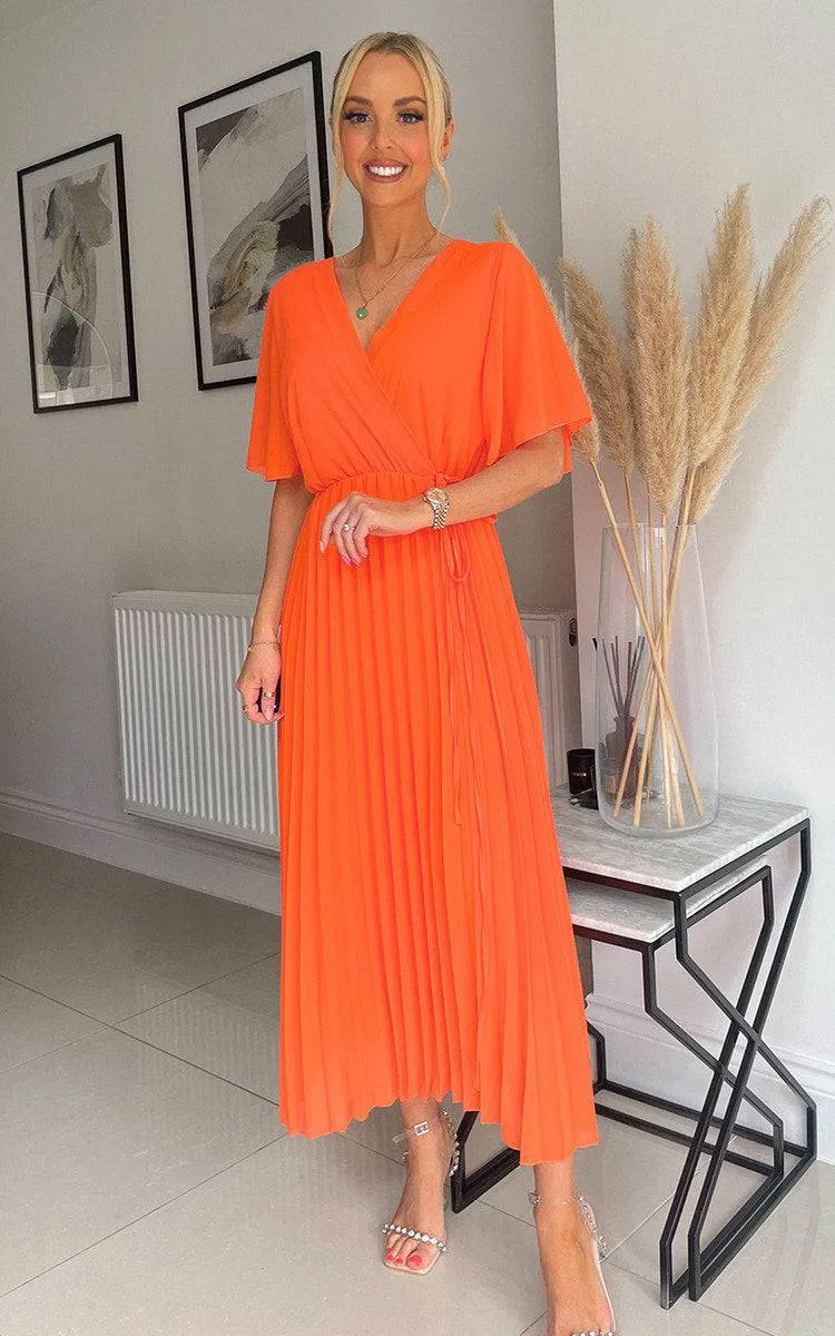 Pleated Wrap Front  Maxi Dress