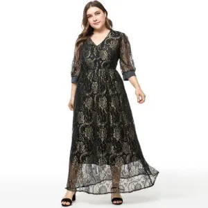 Plus Size Lace V-Neck Half Sleeves Lace Floral Maxi Dress