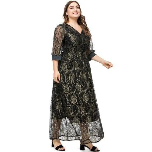 Plus Size Lace V-Neck Half Sleeves Lace Floral Maxi Dress