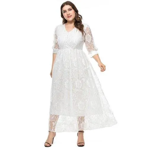 Plus Size Lace V-Neck Half Sleeves Lace Floral Maxi Dress