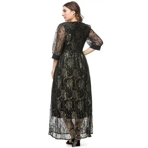 Plus Size Lace V-Neck Half Sleeves Lace Floral Maxi Dress