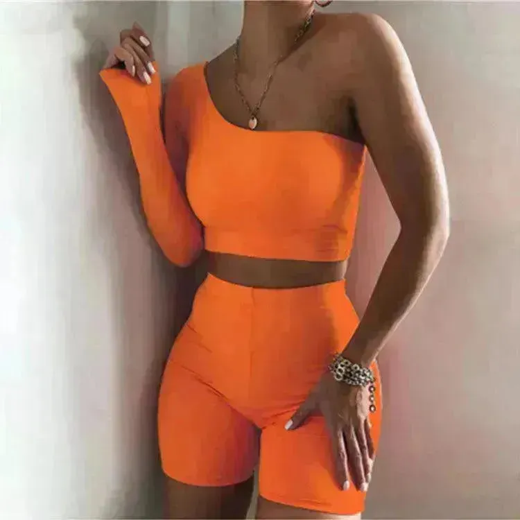 Pure Color Charming One-shoulder Sports Yoga Two-piece Fashion Suit Fitness Workout Gym wear for Women