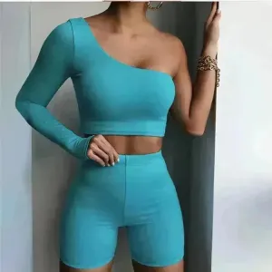 Pure Color Charming One-shoulder Sports Yoga Two-piece Fashion Suit Fitness Workout Gym wear for Women