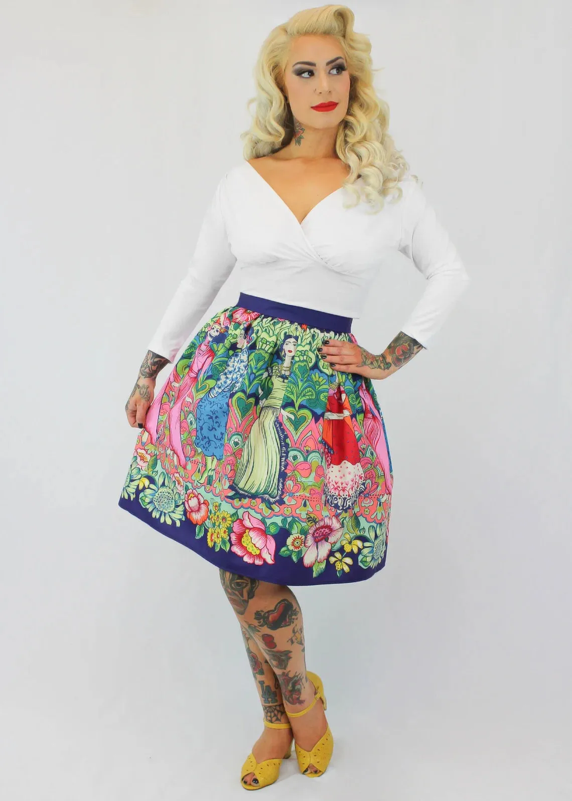 Purple Frida Mexican Vintage Inspired Retro Skirt - Thick Sateen Band Skirt