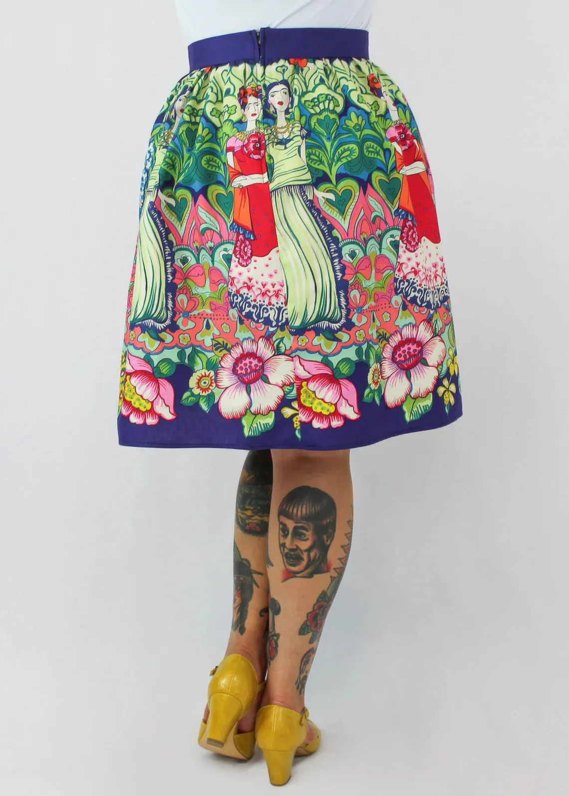 Purple Frida Mexican Vintage Inspired Retro Skirt - Thick Sateen Band Skirt