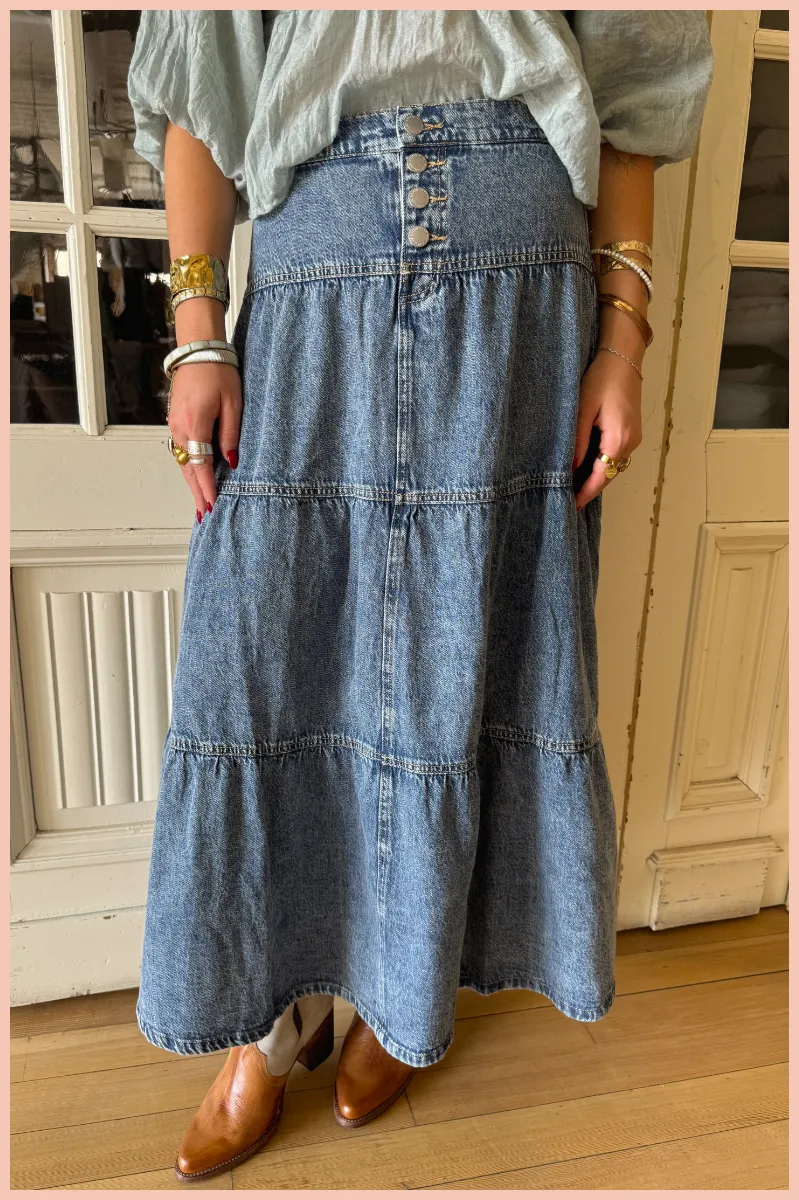 RISEN High Rise Ruffled Denim Skirt