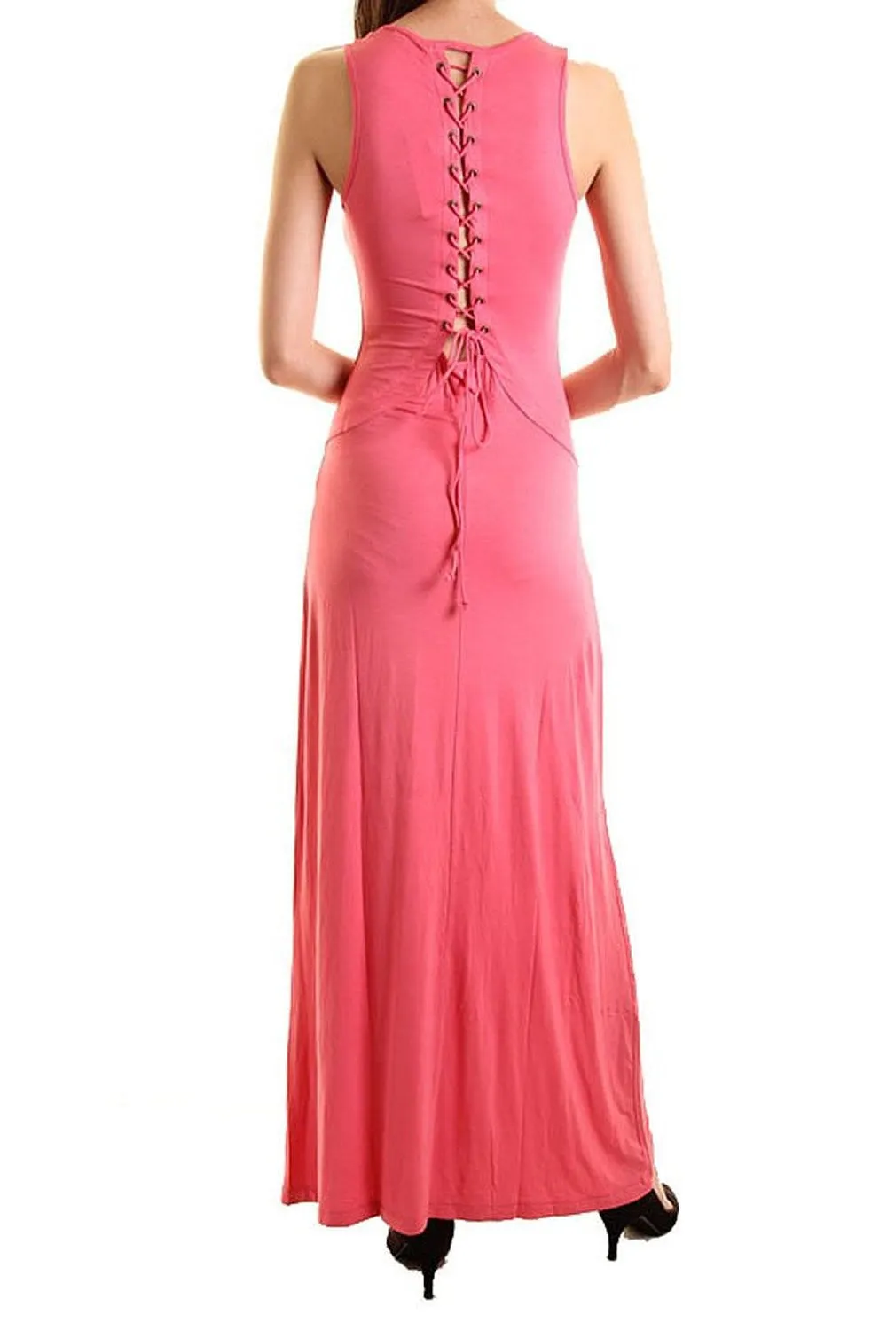 Solid Coral Corset Back Lace-up Design Basic Knit Maxi Dress