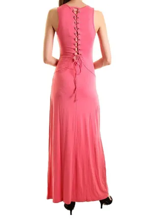 Solid Coral Corset Back Lace-up Design Basic Knit Maxi Dress