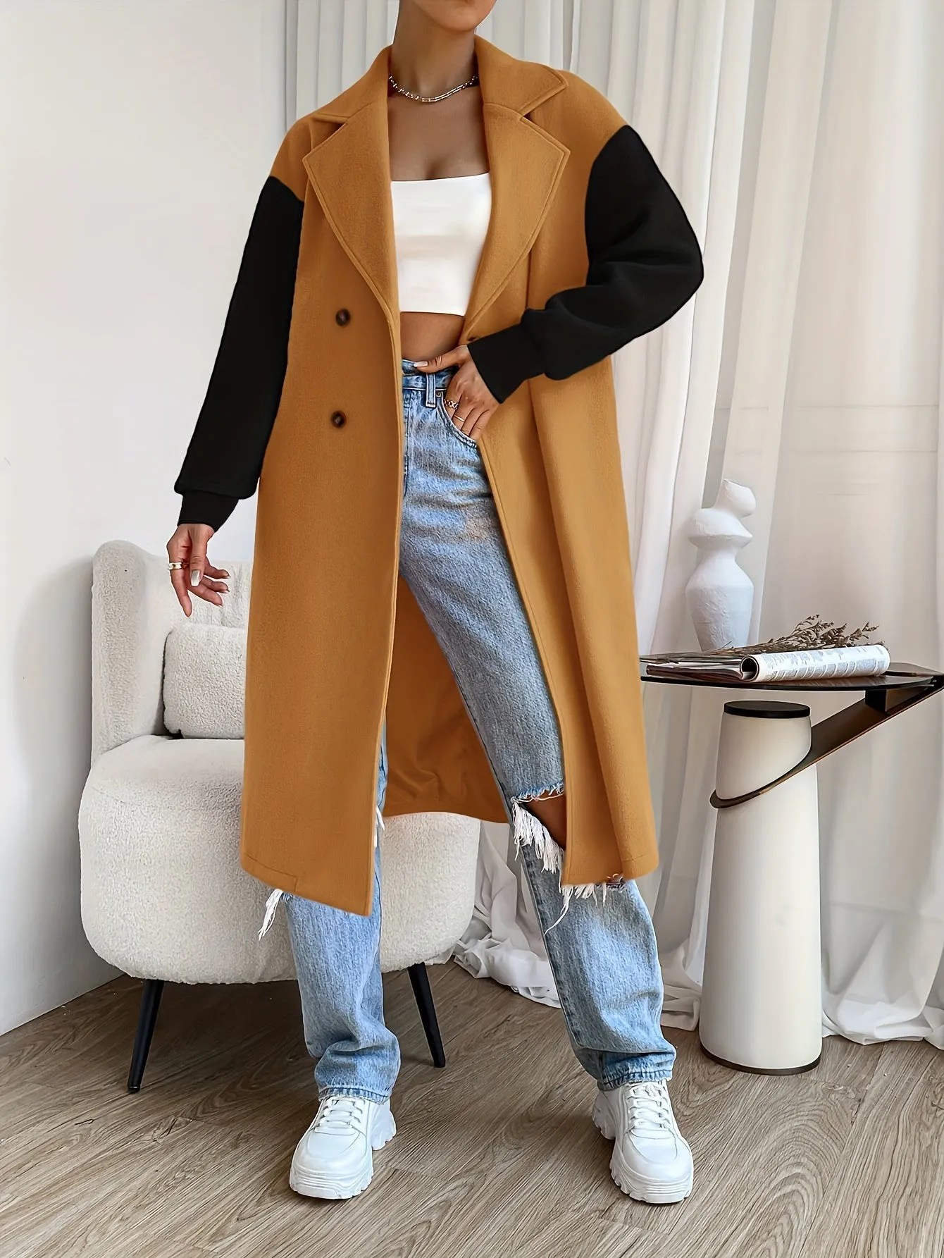 Stylish Color Block Trench Coat with Drop Shoulder and Button Front Design for Women | Ideal for Spring