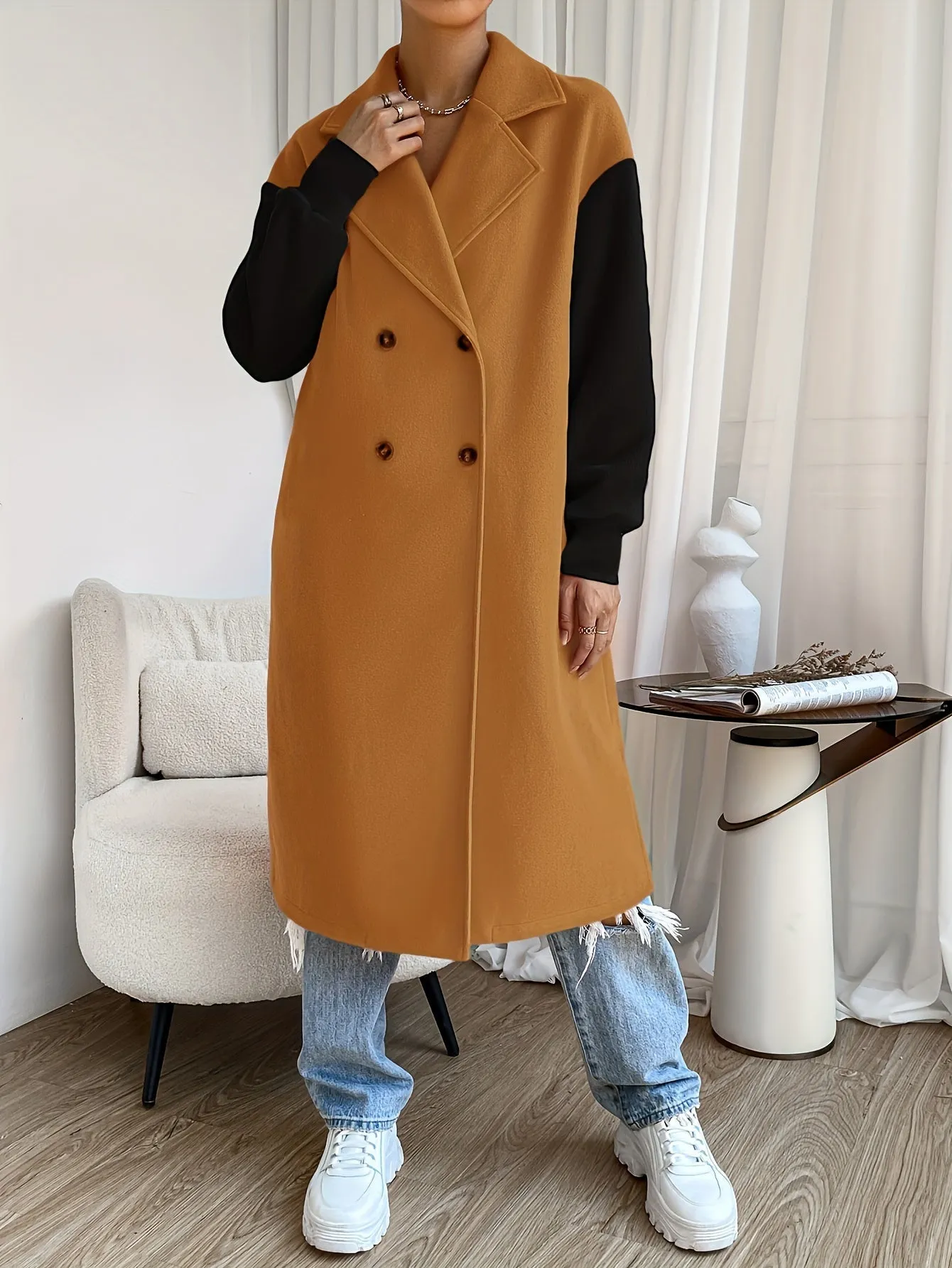 Stylish Color Block Trench Coat with Drop Shoulder and Button Front Design for Women | Ideal for Spring