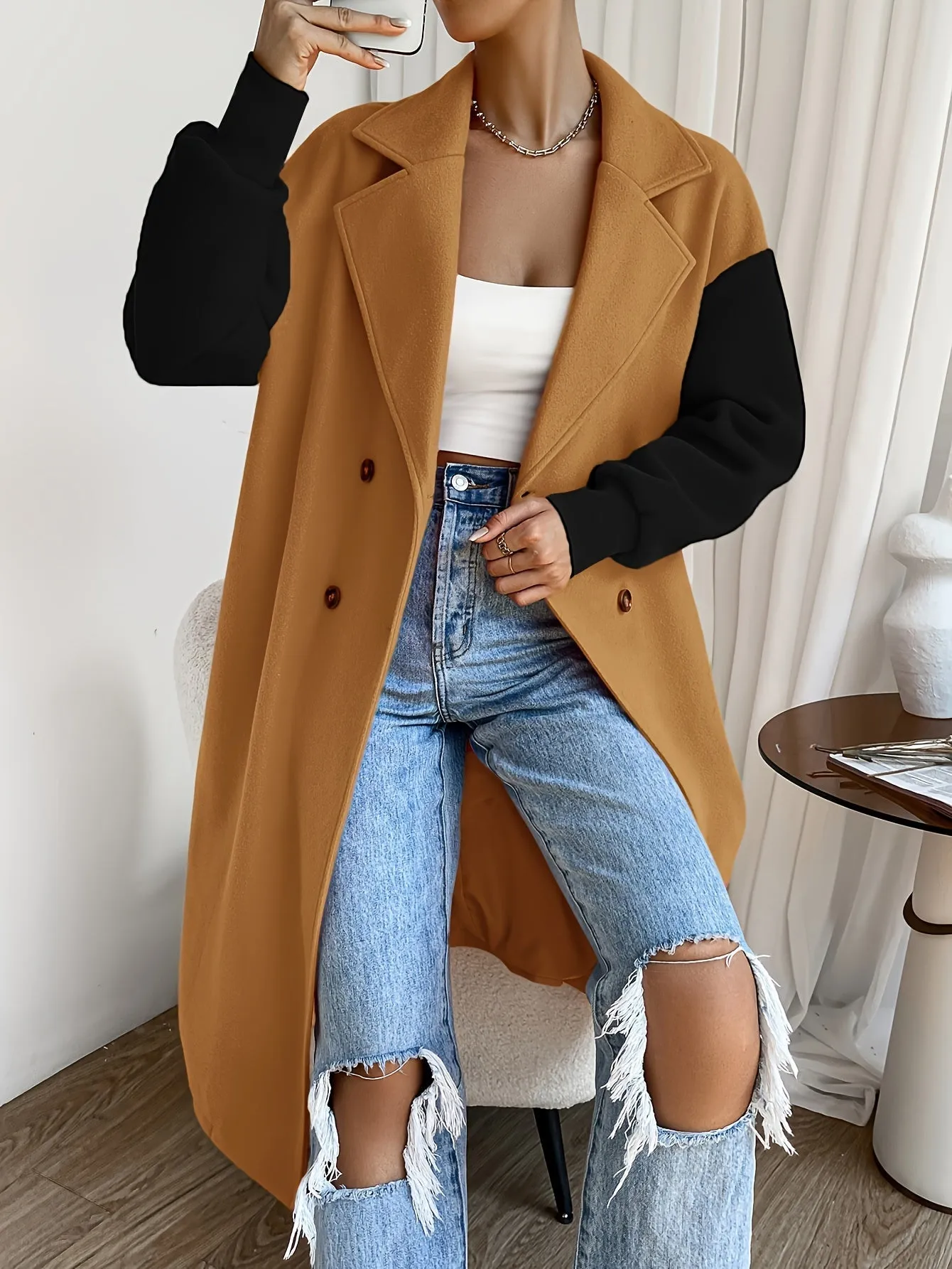 Stylish Color Block Trench Coat with Drop Shoulder and Button Front Design for Women | Ideal for Spring