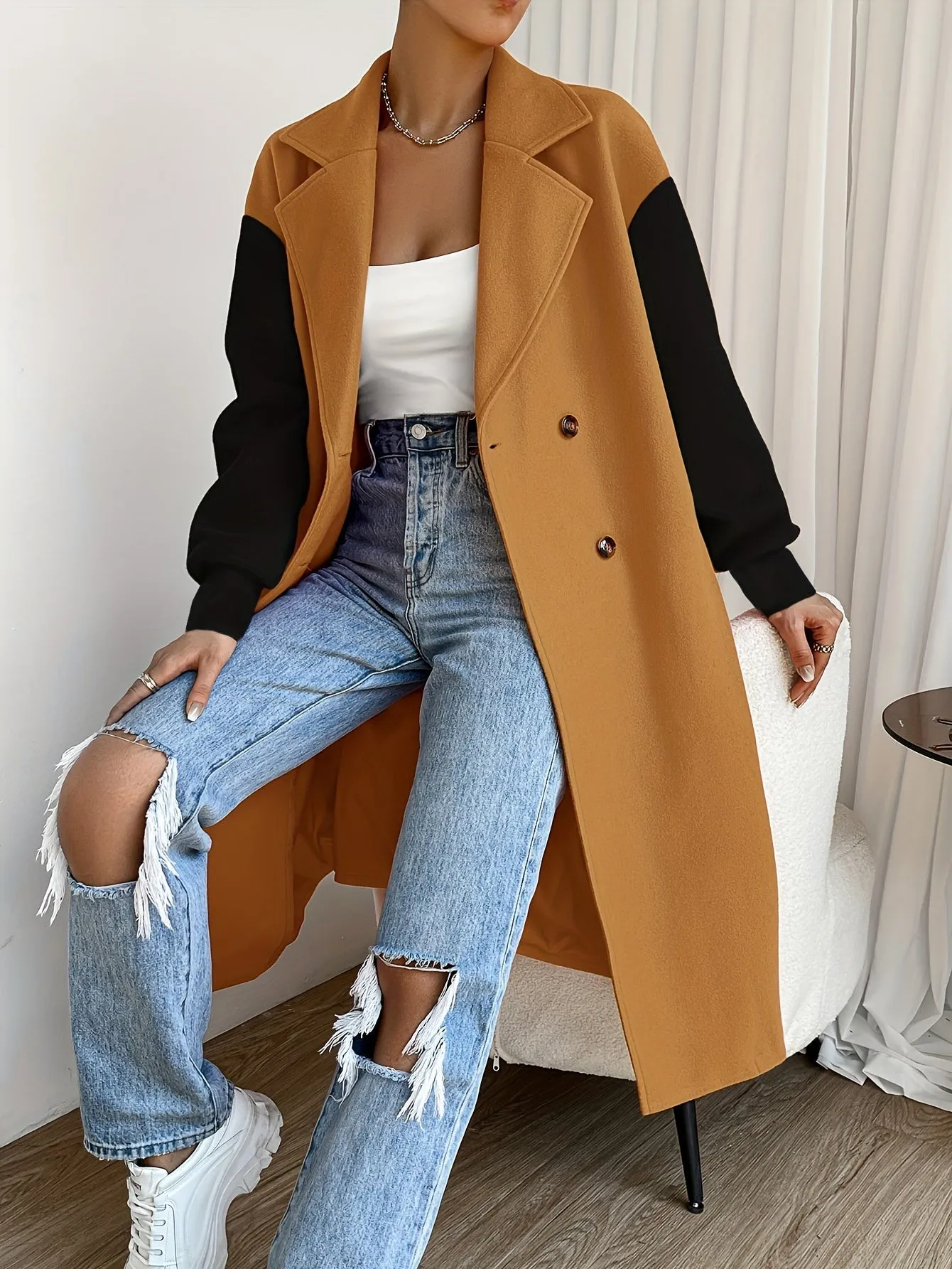 Stylish Color Block Trench Coat with Drop Shoulder and Button Front Design for Women | Ideal for Spring