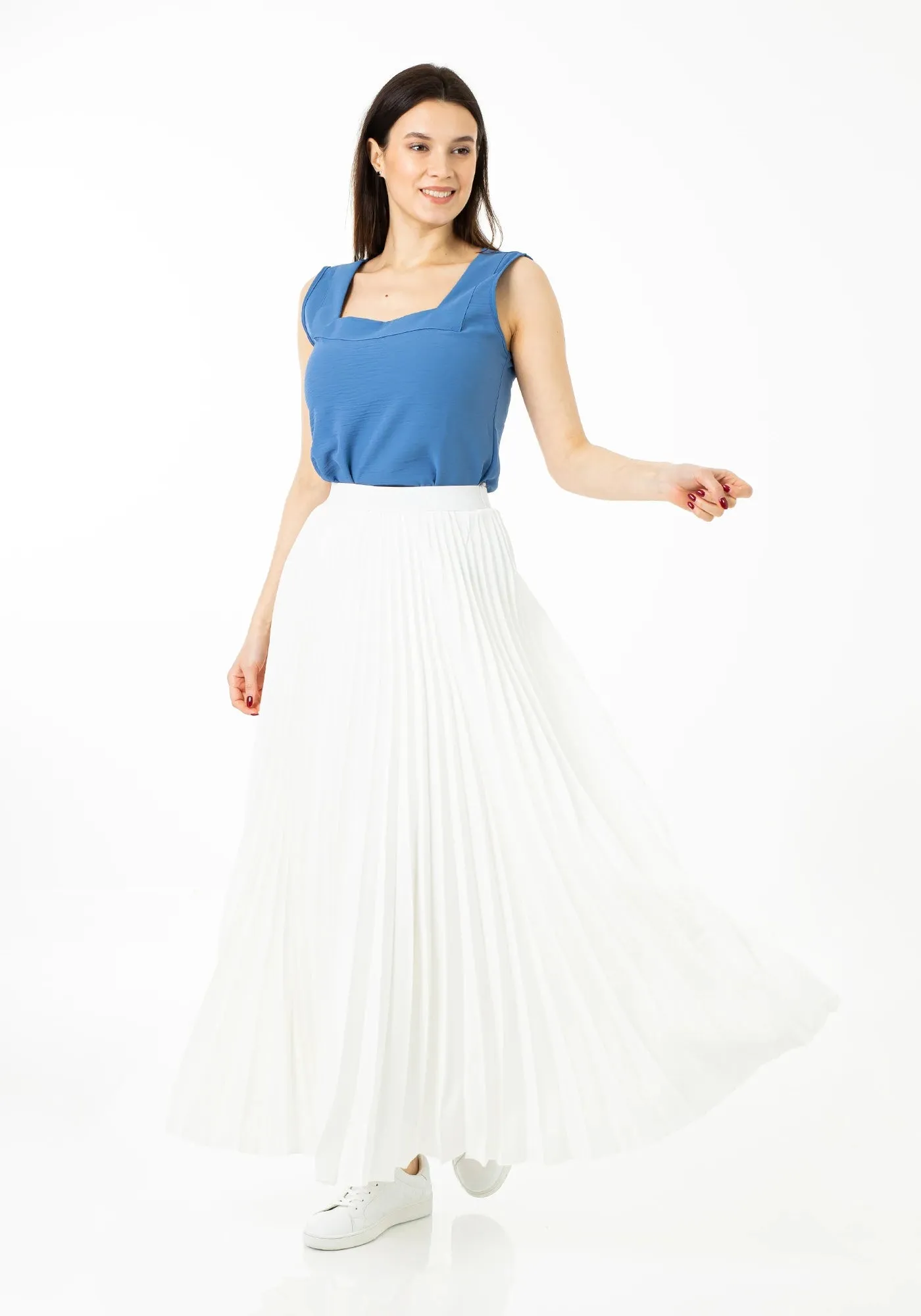 Sunburst A-line Pleated Maxi Skirt with Elastic High Waist