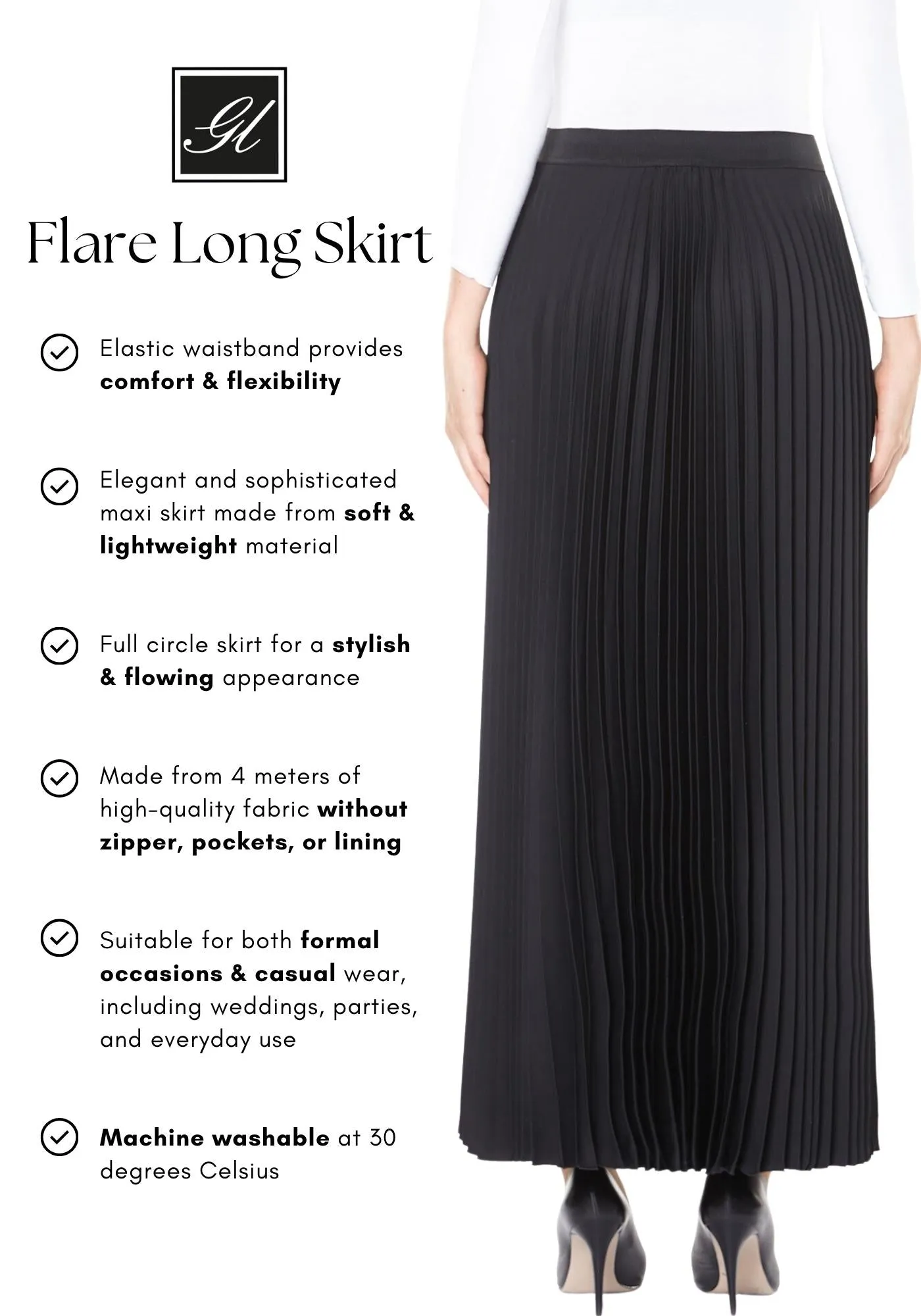 Sunburst A-line Pleated Maxi Skirt with Elastic High Waist