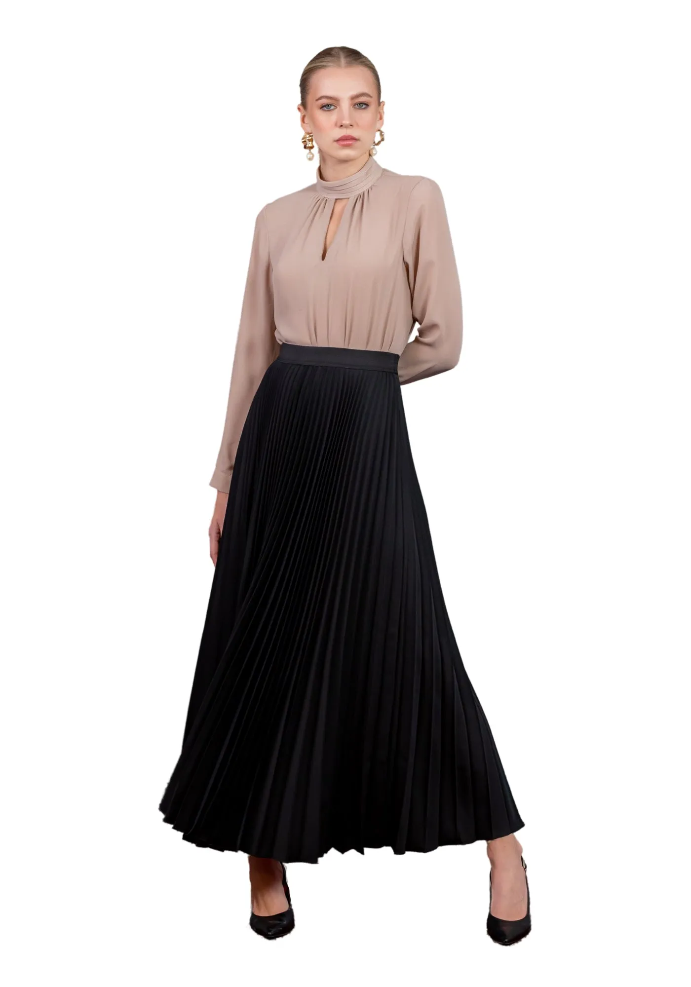 Sunburst A-line Pleated Maxi Skirt with Elastic High Waist