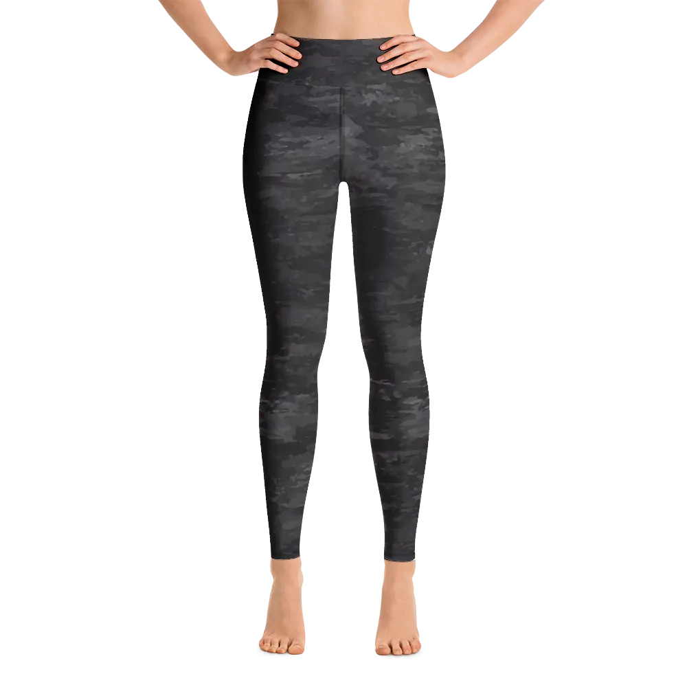 Textured Black Camouflage Yoga Leggings - With Pockets