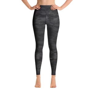 Textured Black Camouflage Yoga Leggings - With Pockets