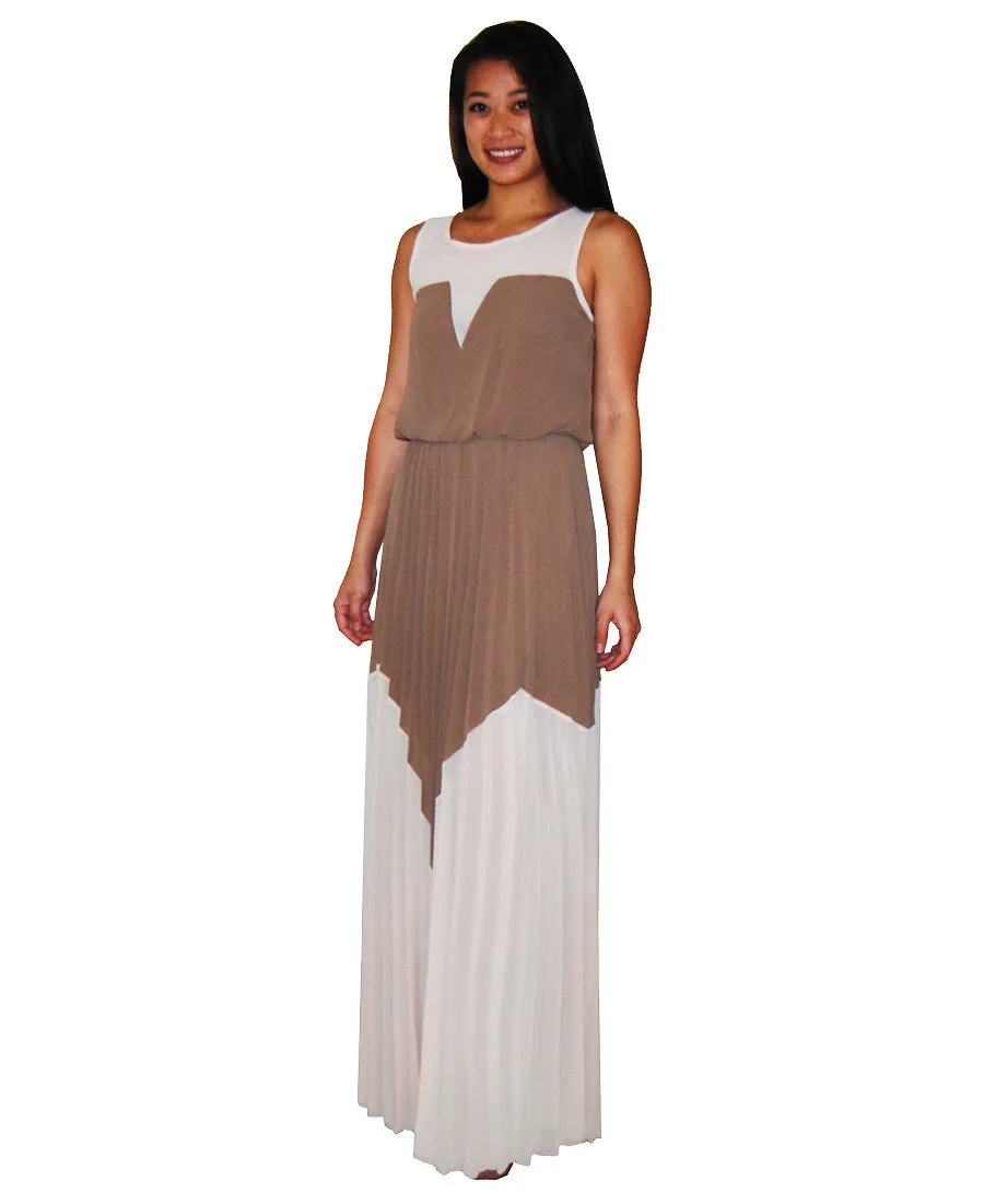 Two Tone Chevron Sleeveless Ruffle Maxi Dress Mocha Taupe